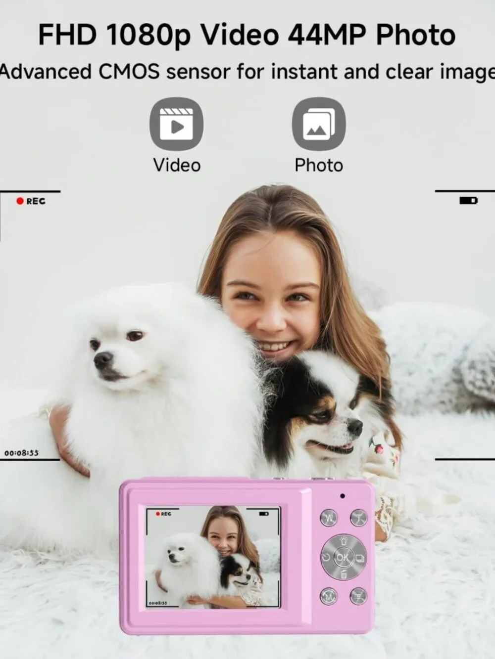FHD 1080P 44MP Compact Digital Camera with 16X Zoom, Face Detection & Filters